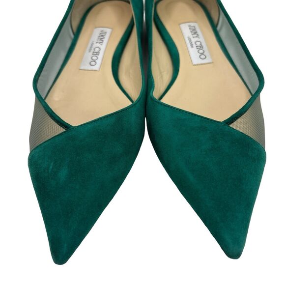 Jimmy Choo Saia Pointed-toe Mesh-panelled Suede Flats In Emerald Size 39 - Picture 5 of 15